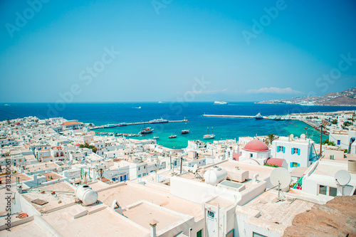 View of traditional greek village with white houses on Mykonos Island, Greece,