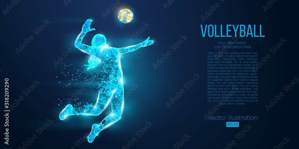 Fototapeta premium Abstract silhouette of volleyball player woman, girl, female with volleyball ball. All elements on a separate layers color can be changed to any other. Low poly neon wire outline geometric. Vector