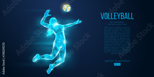 Abstract silhouette of volleyball player woman, girl, female with volleyball ball. All elements on a separate layers color can be changed to any other. Low poly neon wire outline geometric. Vector