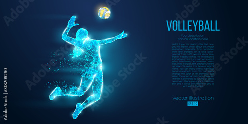 Abstract silhouette of volleyball player woman, girl, female with volleyball ball. All elements on a separate layers color can be changed to any other. Low poly neon wire outline geometric. Vector © matrosovv