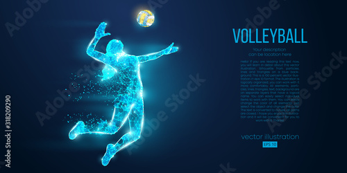 Abstract silhouette of volleyball player woman, girl, female with volleyball ball. All elements on a separate layers color can be changed to any other. Low poly neon wire outline geometric. Vector photo