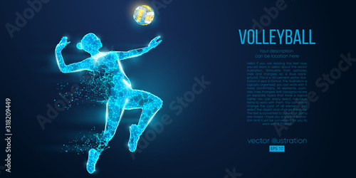Abstract silhouette of volleyball player woman, girl, female with volleyball ball. All elements on a separate layers color can be changed to any other. Low poly neon wire outline geometric. Vector