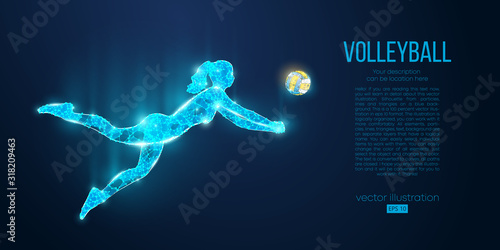 Abstract silhouette of volleyball player woman, girl, female with volleyball ball. All elements on a separate layers color can be changed to any other. Low poly neon wire outline geometric. Vector
