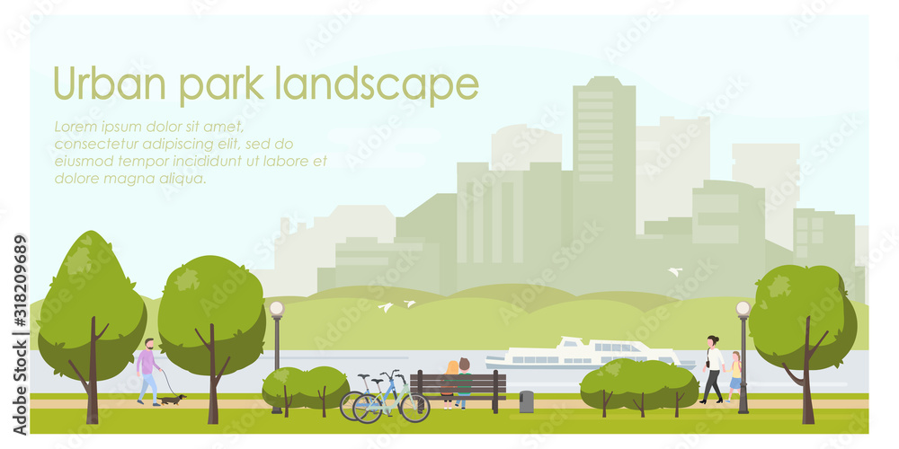 Urban park landscape flat illustration. Horizontal banner template with place for your text. Stock vector. People relaxing in city park, walking with dog, riding bicycle.