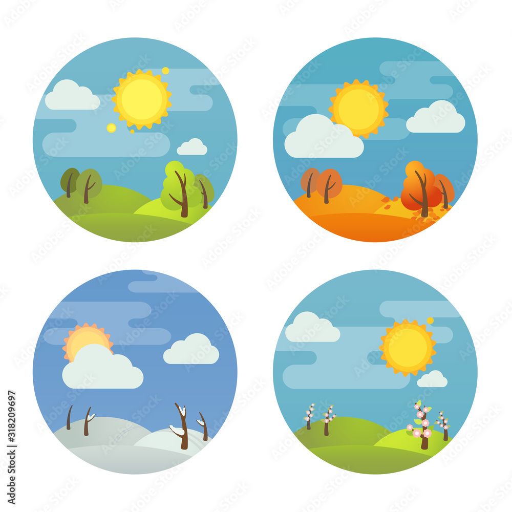 Set of round four season icons: summer, winter, spring, autumn. Stock ...
