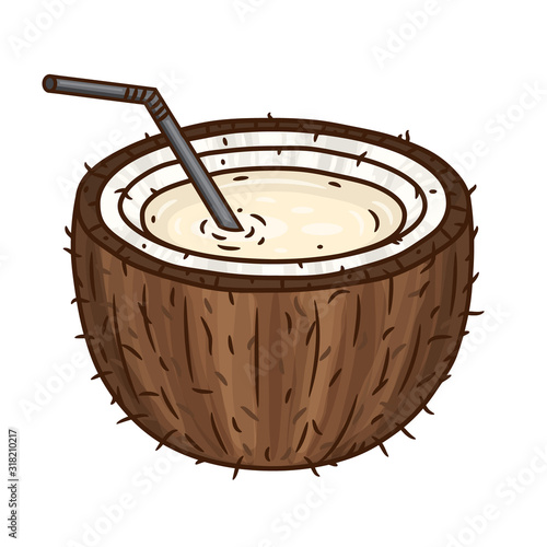Brown coconut with a cocktail tube isolated on white background.