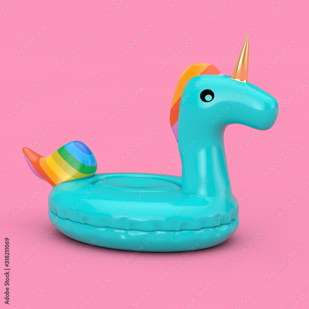 Fototapeta Funny Inflatable Blue Unicorn Ring for Summer Pool in Duotone Style. 3d Rendering