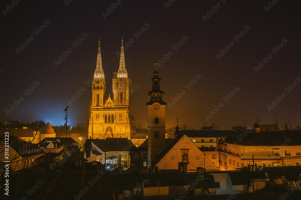 Zagreb Cathedral and St. Mary's Church in the night. Capital of Croatia, panoramic view