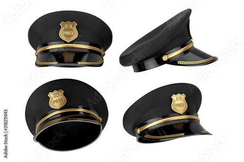 Post Officer Postman Hat with Golden Badge. 3d Rendering photo