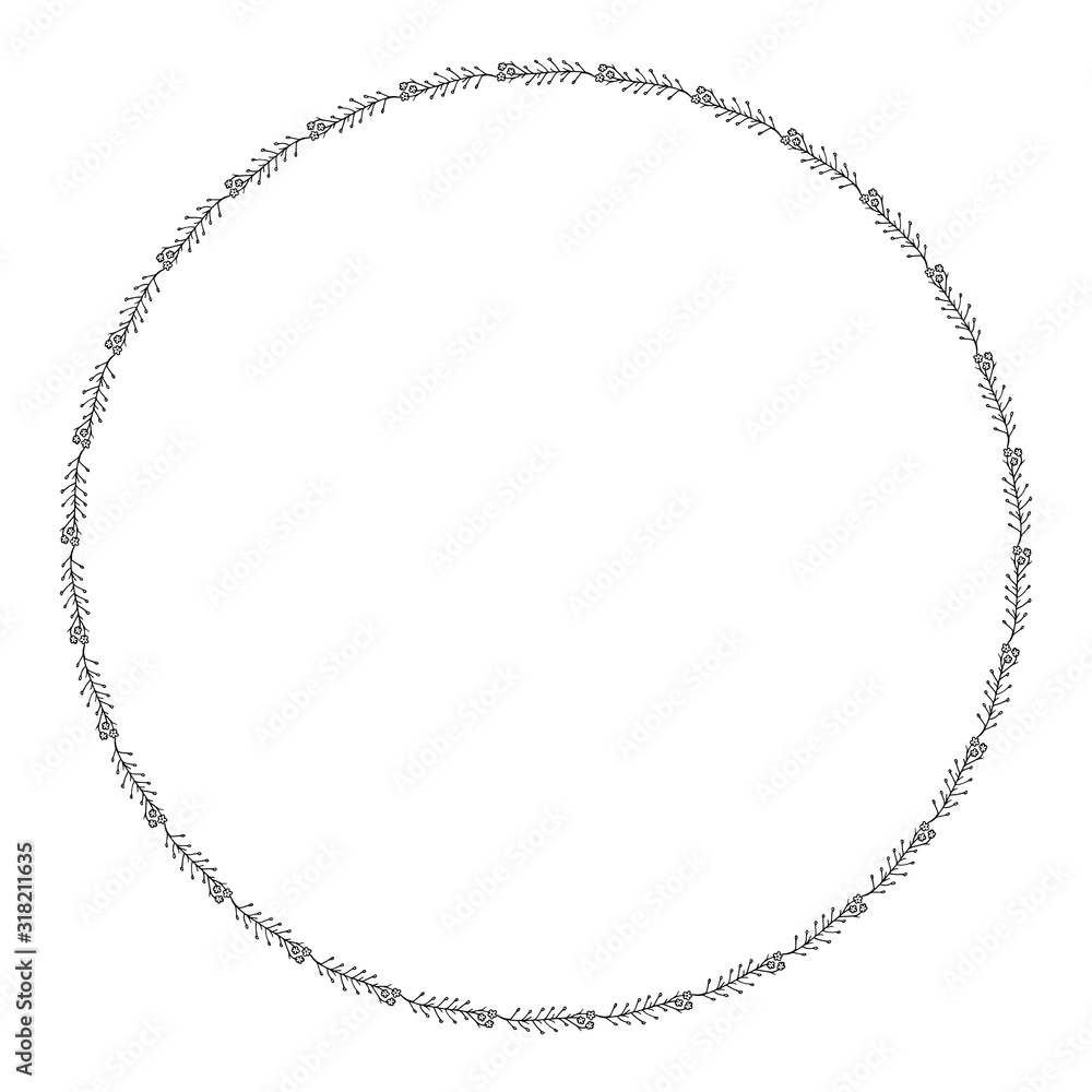 Round frame with horizontal black-and-white meadow plants on white background. Isolated floral frame for your design. Vector image. Round frame with horizontal black-and-white meadow plants on white background. Isolated floral frame for your design. Vector image.