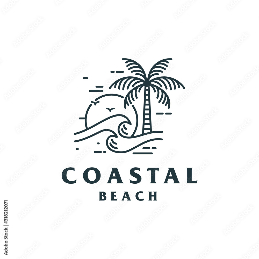 Palm Tree Beach Island with Wave Lineart Logo Design