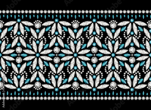 Ornamental jewellery background, vintage jewelry border pattern, embroidered ribbon with diamonds and precious gemstones on black