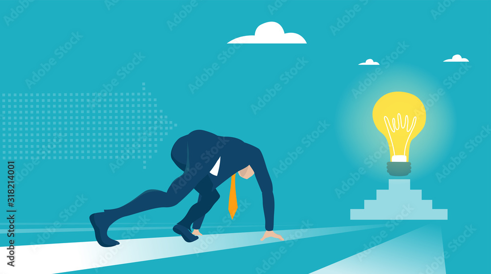 Businessman lined up getting ready for race. Light bulb as a target. Business concept illustration. Businessman lined up getting ready for race. Light bulb as a target. Business concept illustration.