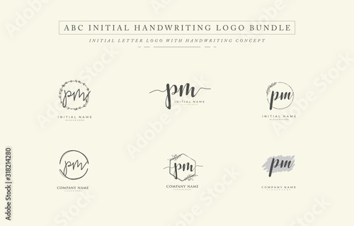 Initial letter P M PM bundle for identity and logo. Vector logo template with handwriting and signature style.