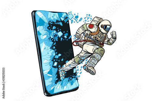 Scientific online applications concept. Astronaut runs through a smartphone