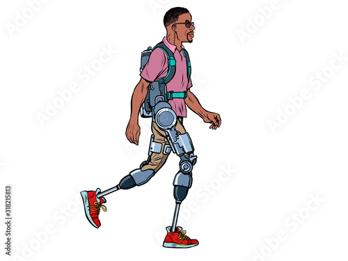 Fototapeta Naklejka Na Ścianę i Meble -  exoskeleton for the disabled. african man legless veteran walks. rehabilitation treatment recovery. science and technology