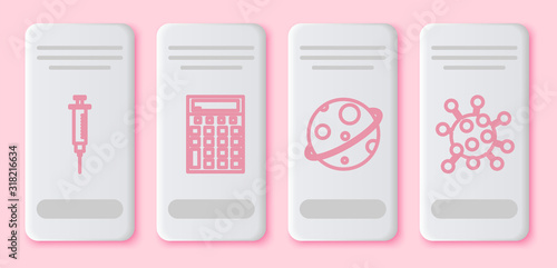 Set line Syringe, Calculator, Planet and Bacteria. White rectangle button. Vector