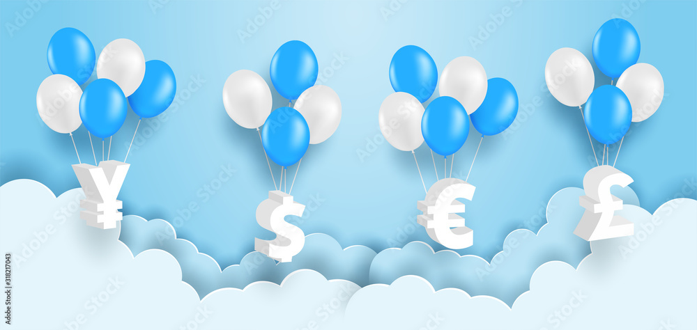 Business and finance concept. Group of currency sign hanging with balloon on blue sky. vector. illustration.
