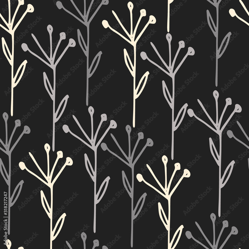 Seamless pattern with pinstripes of hand drawn dried flowers. Black and white reverse design Seamless pattern with pinstripes of hand drawn dried flowers. Black and white reverse design