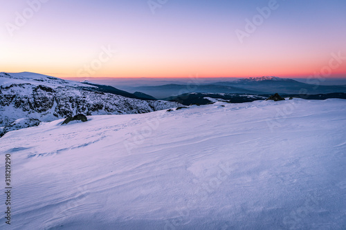 Winter sunrise from Rila mountain national park, Scary lake region, Bulgaria