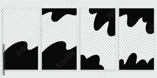 Set of editable social network stories template. Black vector abstract waves background.