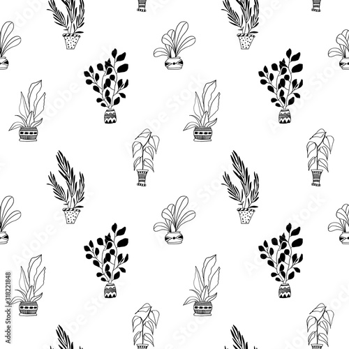 Seamless pattern of hand-drawn linear houseplants. Cute vector flowerpots on a white background. For wrappers, fabrics, wallpapers, postcards