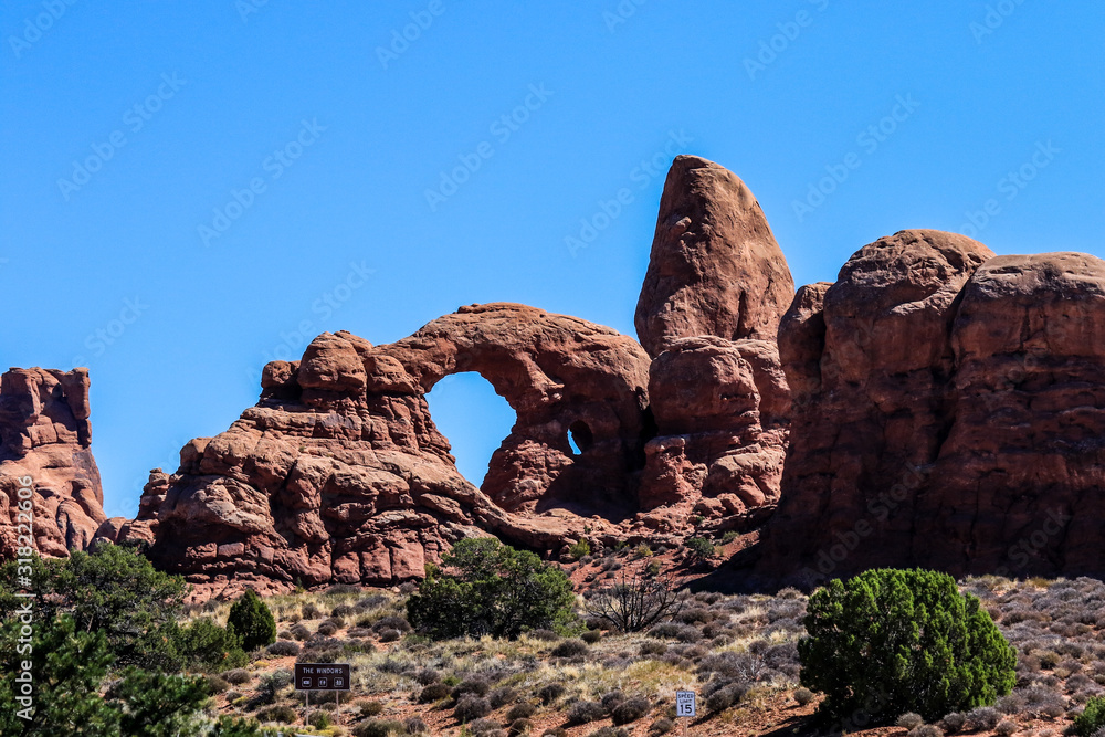 Panoramic View to the natural stone arches in Arches National Park, USA