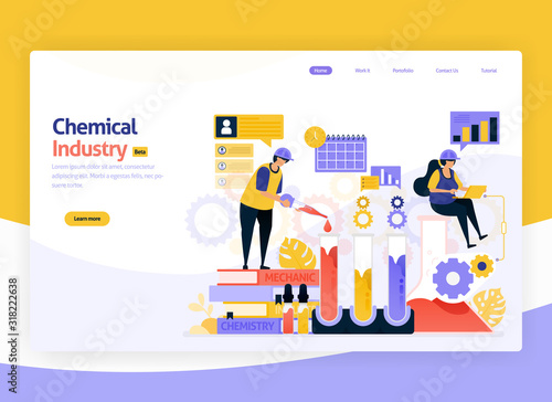 Vector illustration for industrial chemical processing, chemical production and development plants, manufacturing and fuel industry. For web, website, landing page, mobile app, banner, flyer, brochure