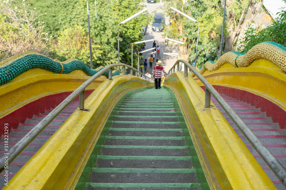 Stair down the Buddhist in thailand temple hill