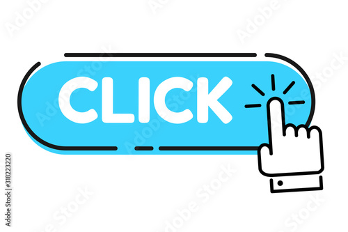 Hand cursor vector icon with blue click button. Click here for links to websites.