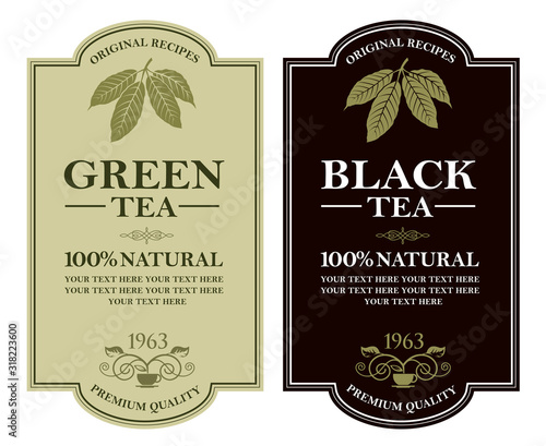 collection of green and black tea labels with leaves and cup