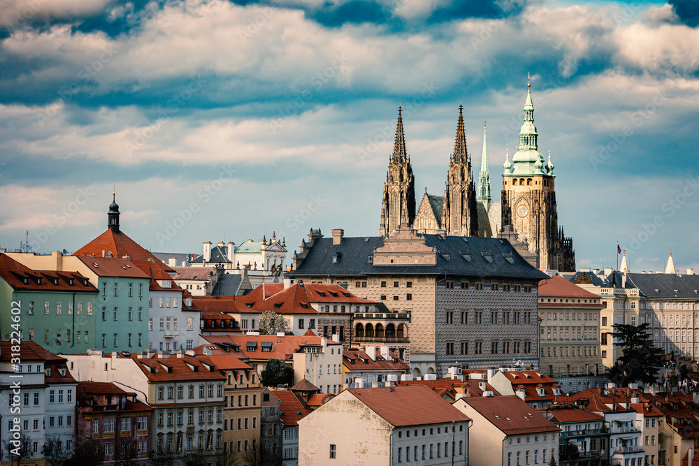 Prague City with Saint Vitus Cathedral and Old Town Building Roofs
