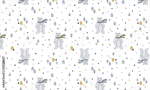 Seamless pattern with cute bears in a scarf. Suitable for fabric. Vector illustration