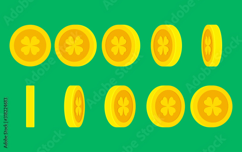 Coin with Four-leaf Clover rotating animation sprite sheet on plain background