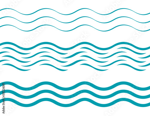 Set of waves patterns of cyan, azure or sea colors. Marine design elements in flat style. 