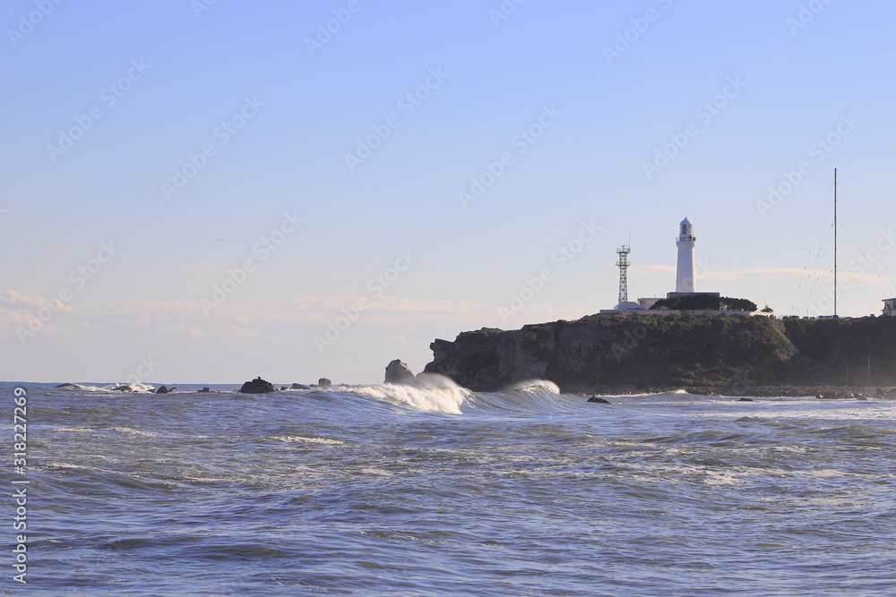 Lighthouse of cape Inubo and Kimigahama beach, Chiba, Japan. Copy space.