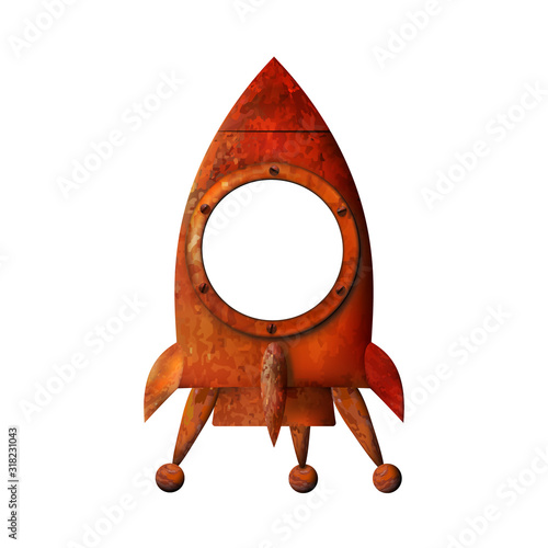 Cartoon 3d old rocket. Rusty spaceship isolated on white background. Vector illustration. Photo frame.