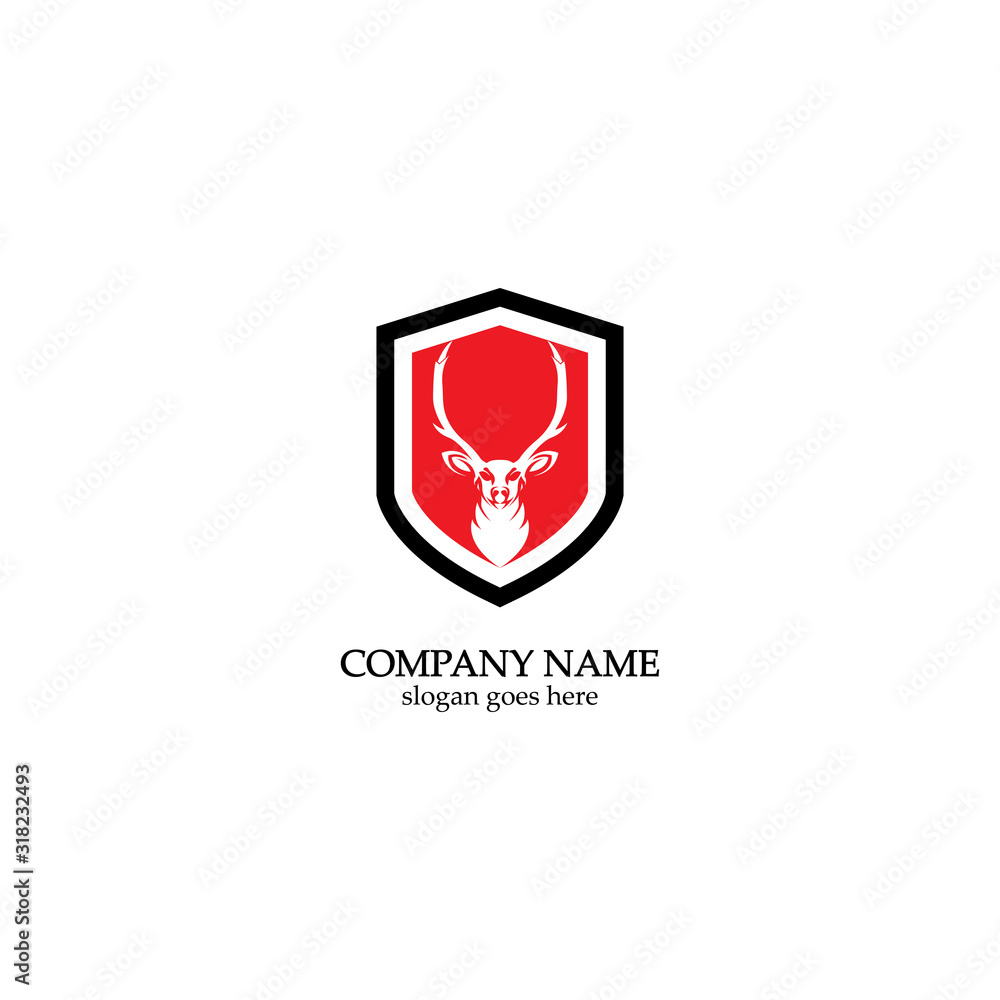 Deer hunter with shield logo design, Wild animal vector, Head deer illustration Deer hunter with shield logo design, Wild animal vector, Head deer illustration