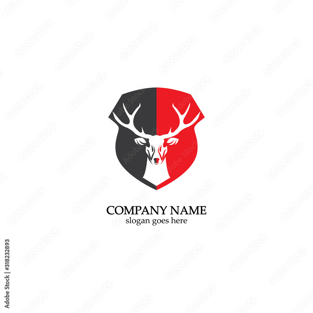 Deer hunter with shield logo design, Wild animal vector, Head deer illustration Deer hunter with shield logo design, Wild animal vector, Head deer illustration