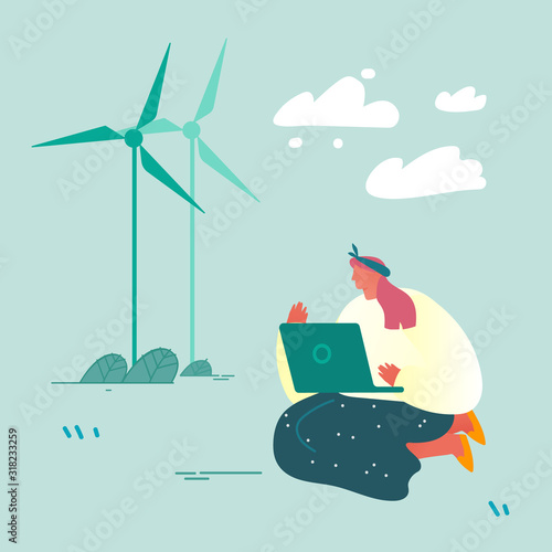 Woman with Laptop Sitting on Ground near Windmills Analysing Worldwide Situation, Reading News of Global Warming and Nature Pollution Problem. Girl Care of Environment Cartoon Flat Vector Illustration