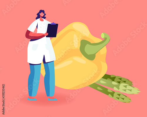 Female Doctor Nutritionist Wearing White Robe Holding Clipboard Stand front of Huge Bell Pepper and Green Beans. Dietology Science and Healthy Nutrition Concept. Cartoon Flat Vector Illustration