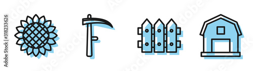Set line Garden fence wooden, Sunflower, Scythe and Farm House concept icon. Vector