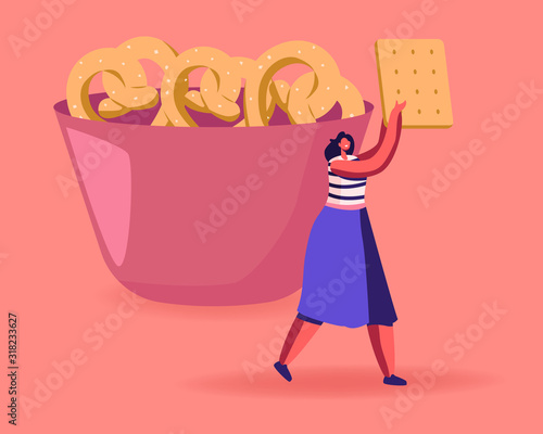 Snack, Fast Food with High Level of Carb Concept. Tiny Female Character Carry Huge Cookie Cracker Passing by Bowl with Baked Pretzels. High-Calorie Unhealthy Nutrition Cartoon Flat Vector Illustration