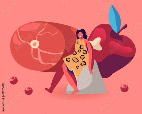 Smiling Cave Woman Wearing Animal Skin Sit on Rock with Huge Meat and Apple Lying beside. Paleo Diet Nutrition, Healthy Eating of Ancient People Concept, Food Science Cartoon Flat Vector Illustration