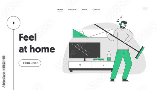 Domestic Work Website Landing Page. Man in Headset Listening Music and Dancing with Broom as it is Electric Guitar while Cleaning Home Room Web Page Banner. Cartoon Flat Vector Illustration, Line Art