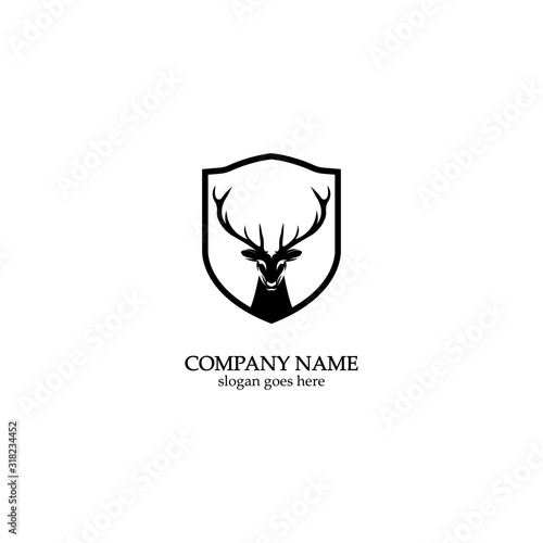 Deer hunter with shield logo design, Wild animal vector, Head deer illustration