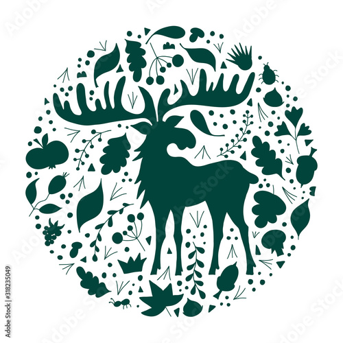 Fototapeta Naklejka Na Ścianę i Meble -  Silhouette of a moose on a background of foliage. Round frame isolated on a white background with an animal surrounded by floral decorative elements. Elk in the leaves. Vector stencil.