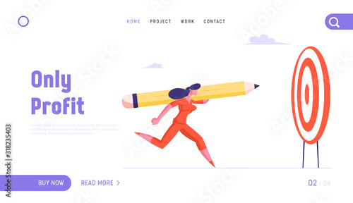 Career Boost, Finance Growth Website Landing Page. Purposeful Business Woman or Manager Throw Huge Pencil to Aim for Working Success, Goal Achievement Web Page Banner. Cartoon Flat Vector Illustration