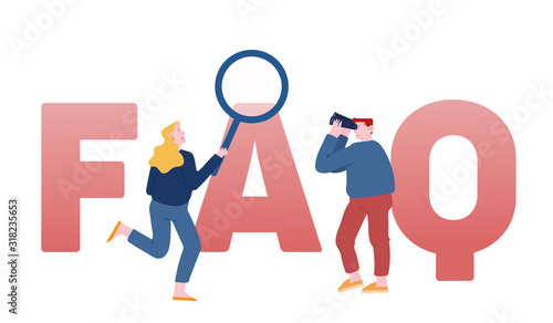 Faq Service Concept. People with Binoculars and Magnifier Asking Questions, User Manual or Guide, Customers Search Useful Information Poster Banner Flyer Brochure. Cartoon Flat Vector Illustration