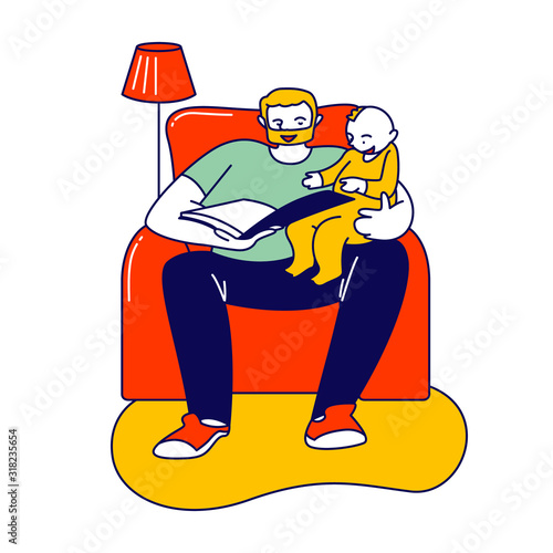 Happy Family of Parent with Kid Spending Time at Home Together. Single Father Reading Book to Son Sitting on Sofa, Baby Boy Listening Dad. Sparetime, Leisure Cartoon Flat Vector Illustration, Line Art